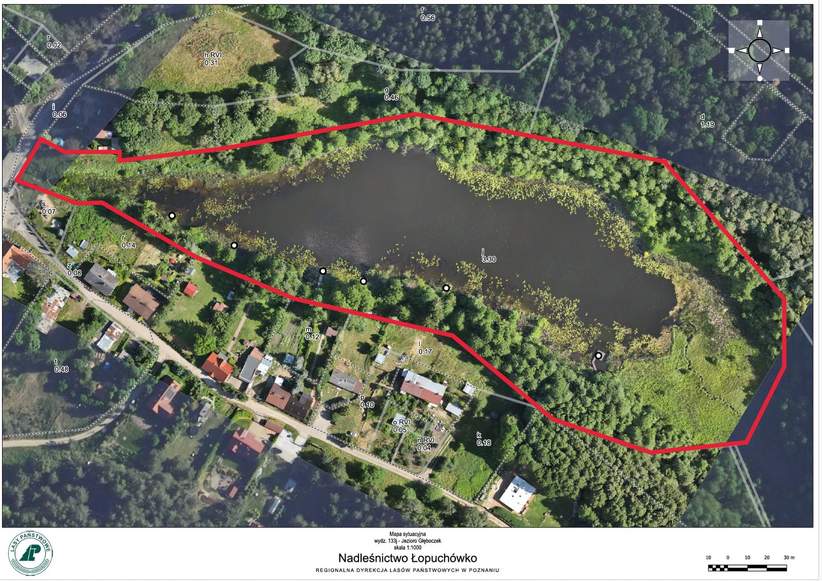 Mapa sytuacyjna Jeziora Głęboczek z granicami działki wydzierżawianej przez Nadleśnictwo Łopuchówko